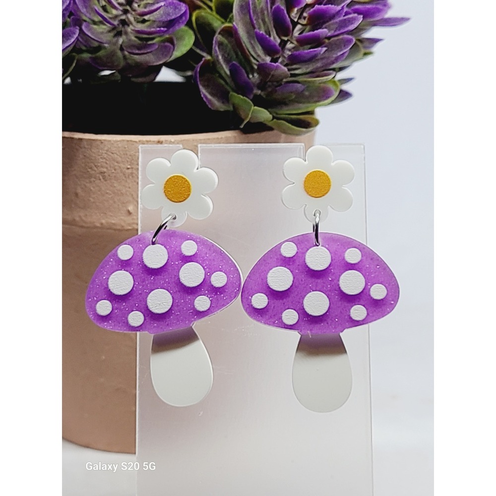 Purple Mushroom Daisy Drop Earrings Glitter Polka Dot Whimsical Cottagecore